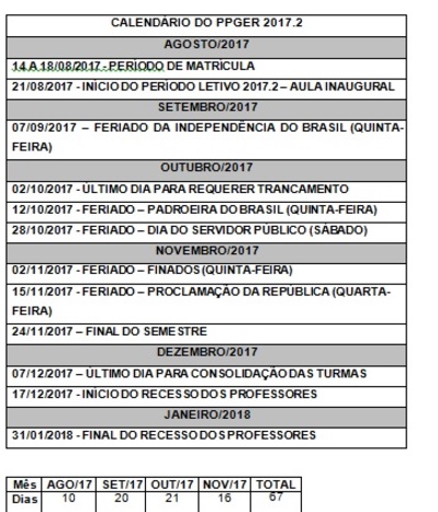 Calendário 2017.2 PPGER