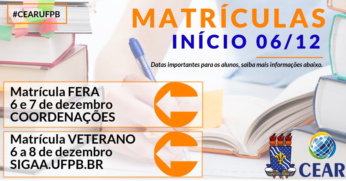 Anúncio sobre as matrículas do CEAR para o período 2016.2 com detalhes na cor laranja e azul.